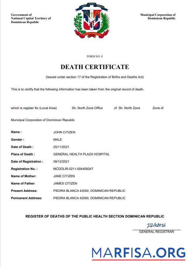 Blank Dominican Republic death certificate Word and PDF template